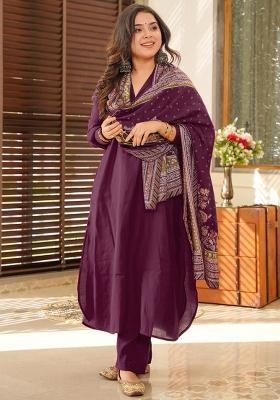 Wine Printed Cotton Salwar Kameez With Dupatta