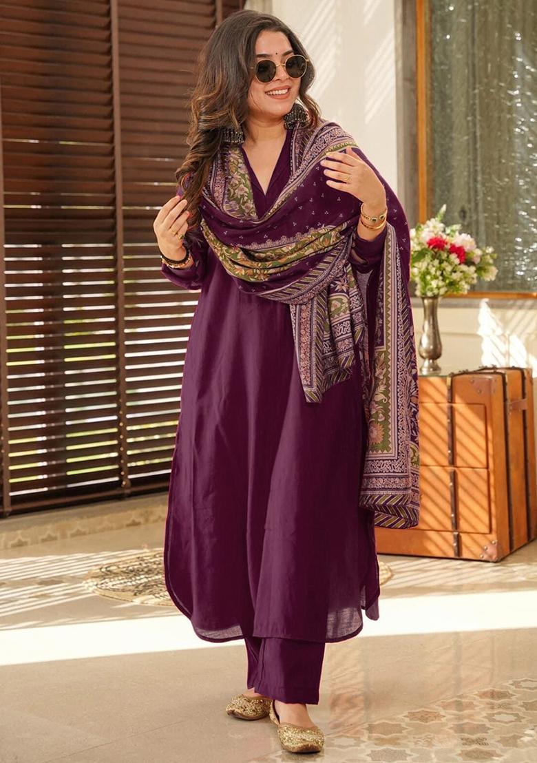 Wine Printed Cotton Salwar Kameez With Dupatta