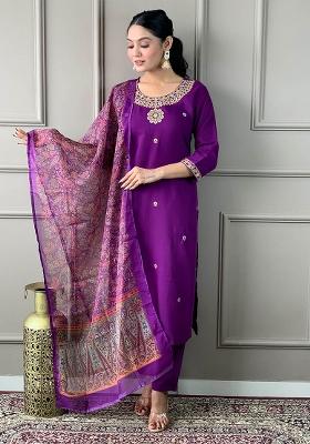 Purple Thread Work Rayon Salwar Kameez With Dupatta