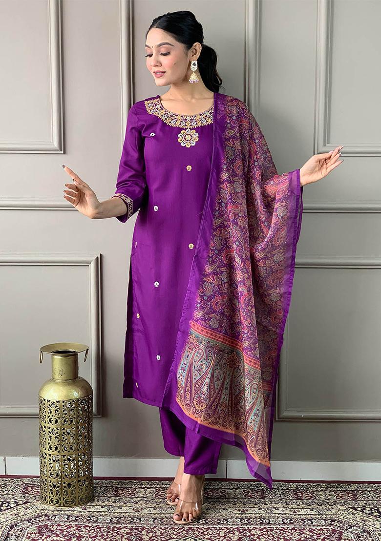 Purple Thread Work Rayon Salwar Kameez With Dupatta