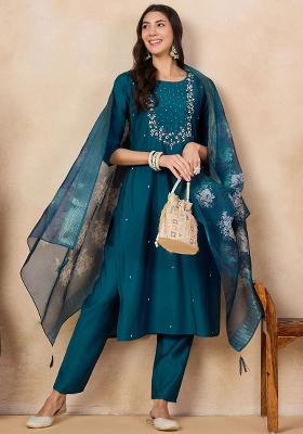 Teal Blue Thread Work Silk  Salwar Kameez With Dupatta