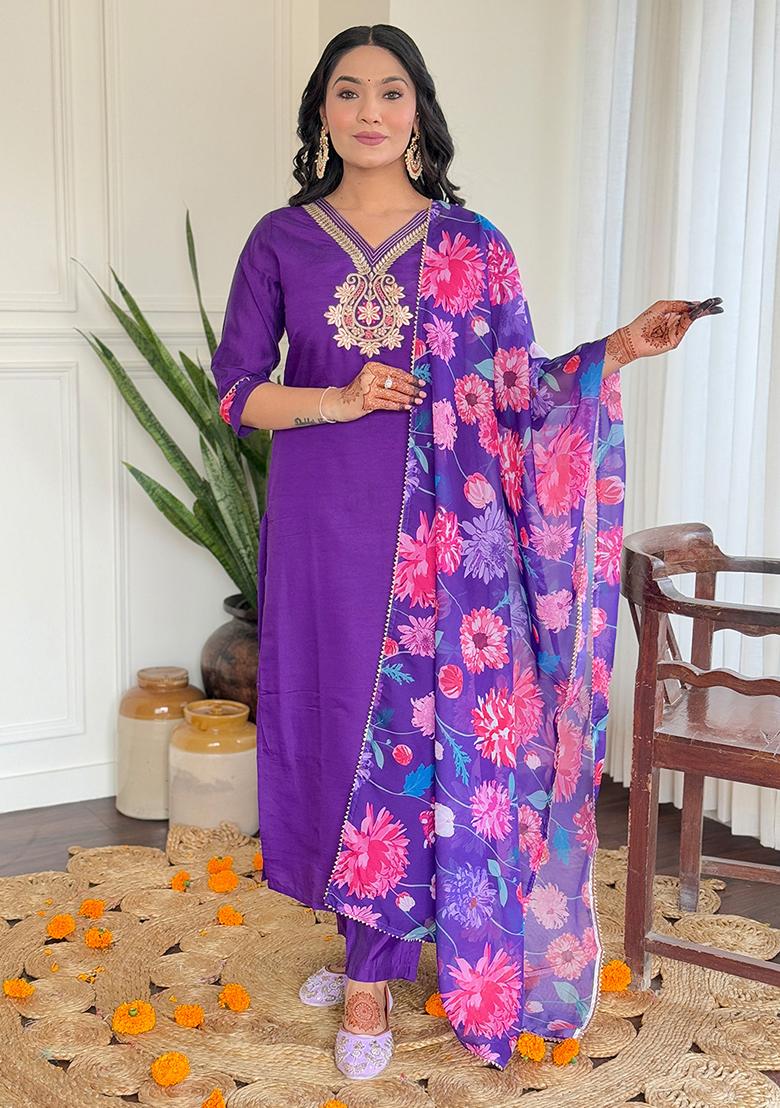 Violet Thread Work Silk  Salwar Kameez With Dupatta