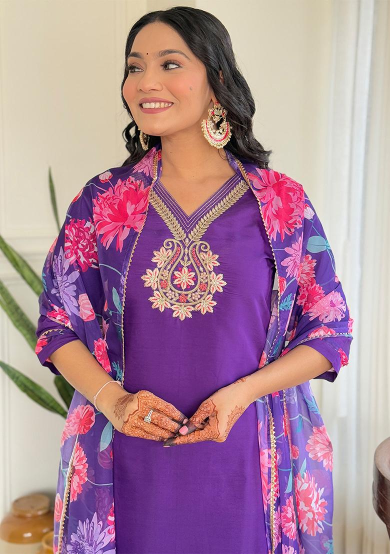 Violet Thread Work Silk  Salwar Kameez With Dupatta
