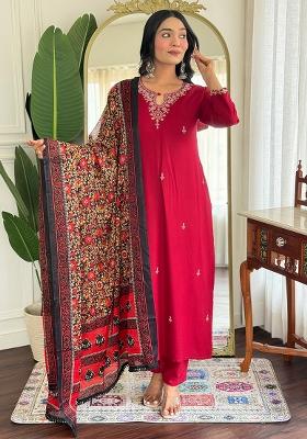 Dark Pink Thread Work Viscose Salwar Kameez With Dupatta
