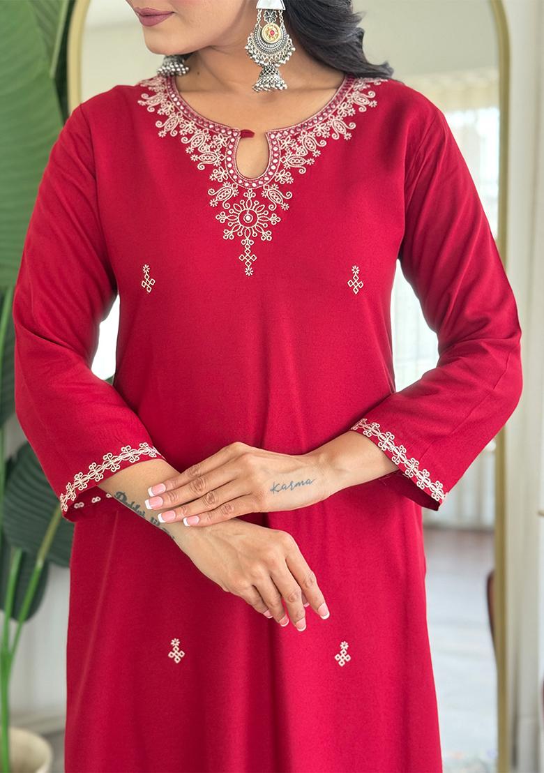 Dark Pink Thread Work Viscose Salwar Kameez With Dupatta