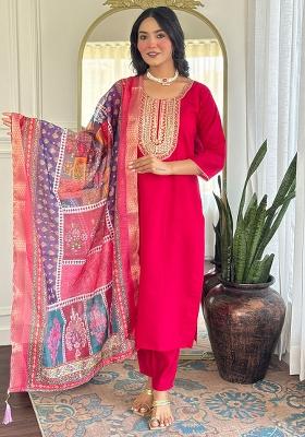 Rani Pink Thread Work Chanderi Salwar Kameez With Dupatta
