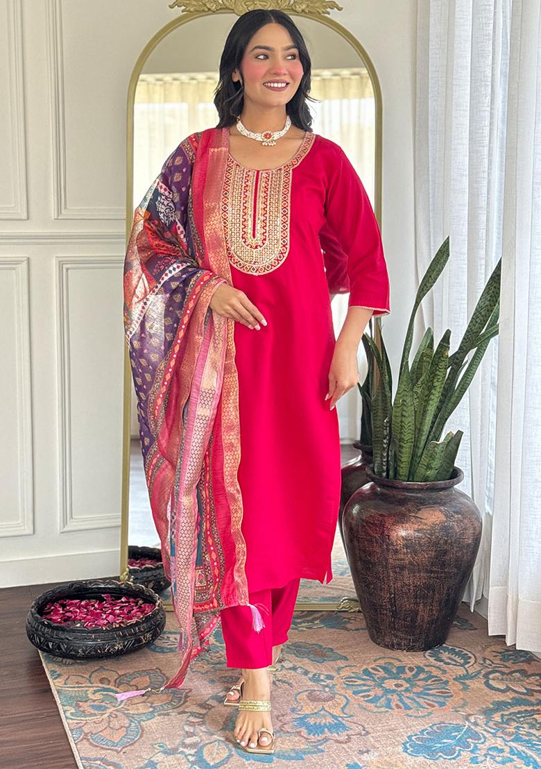 Rani Pink Thread Work Chanderi Salwar Kameez With Dupatta