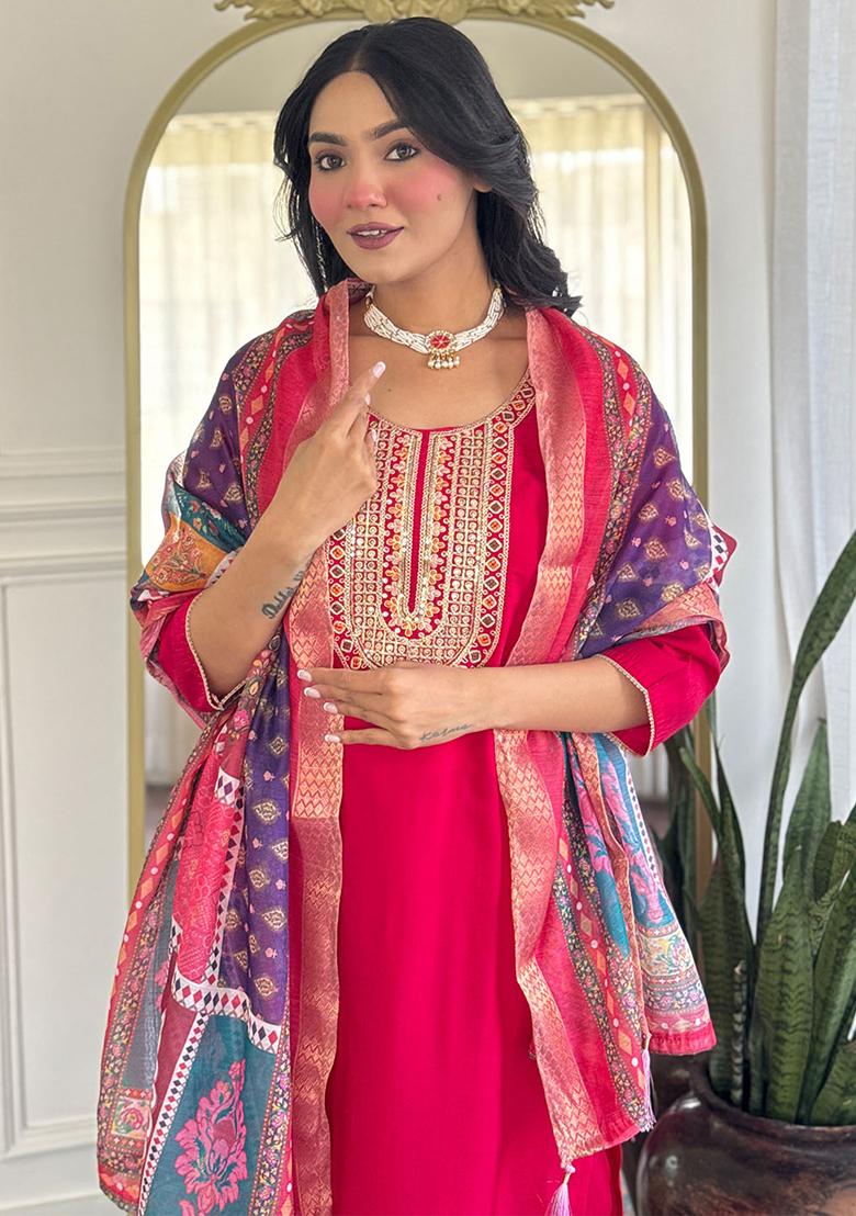 Rani Pink Thread Work Chanderi Salwar Kameez With Dupatta