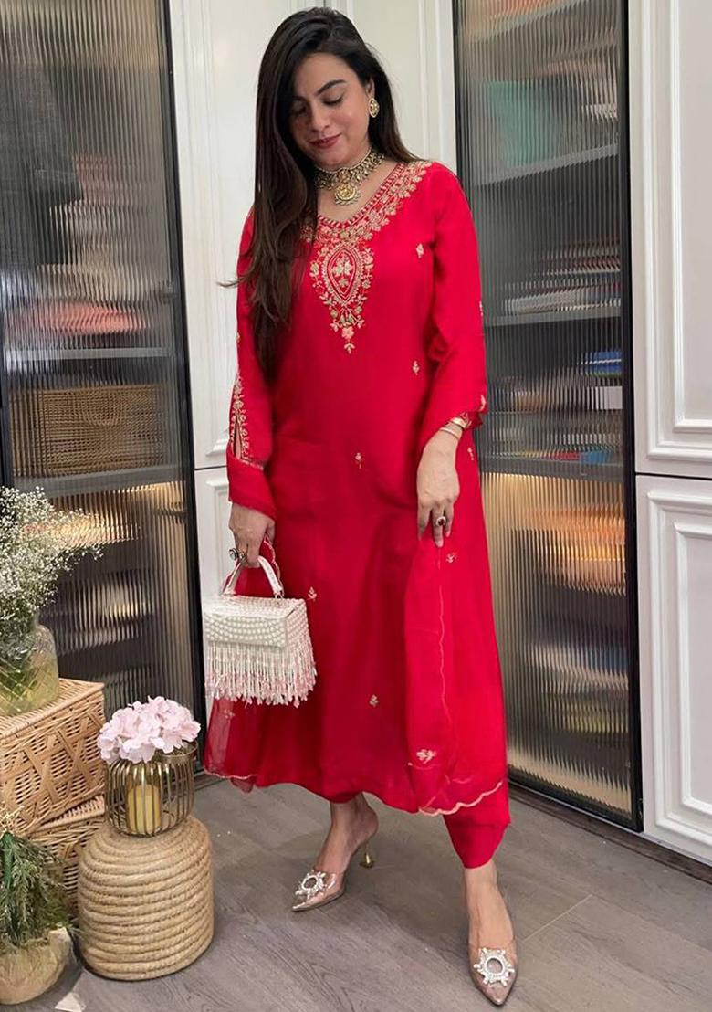 Red Thread Work Rayon Salwar Kameez With Dupatta