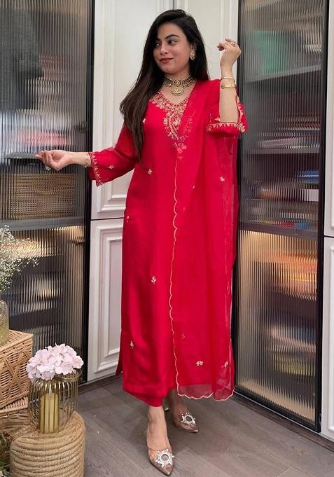 Red Thread Work Rayon Salwar Kameez With Dupatta