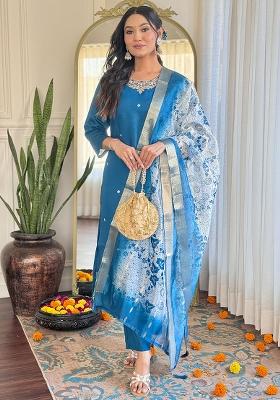Blue Thread Work Silk  Salwar Kameez With Dupatta