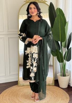 Dark Green Printed Viscose Salwar Kameez With Dupatta