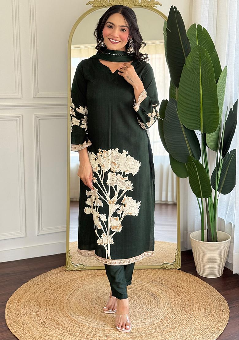 Dark Green Printed Viscose Salwar Kameez With Dupatta