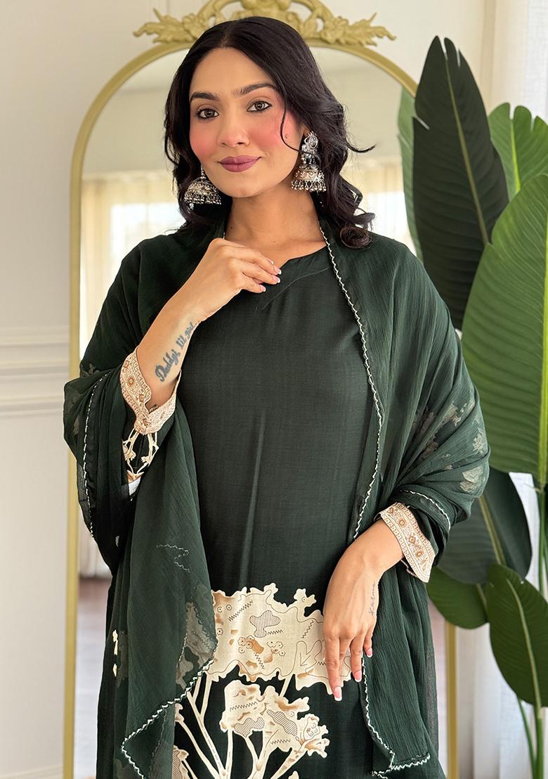 Dark Green Printed Viscose Salwar Kameez With Dupatta