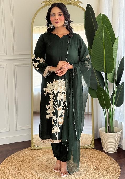 Dark Green Printed Viscose Salwar Kameez With Dupatta