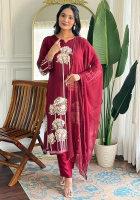 Maroon Printed Viscose Salwar Kameez With Dupatta