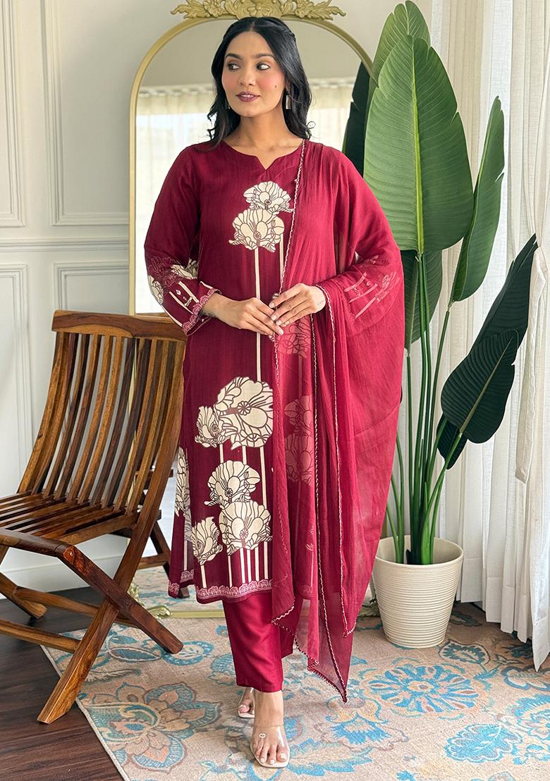 Maroon Printed Viscose Salwar Kameez With Dupatta