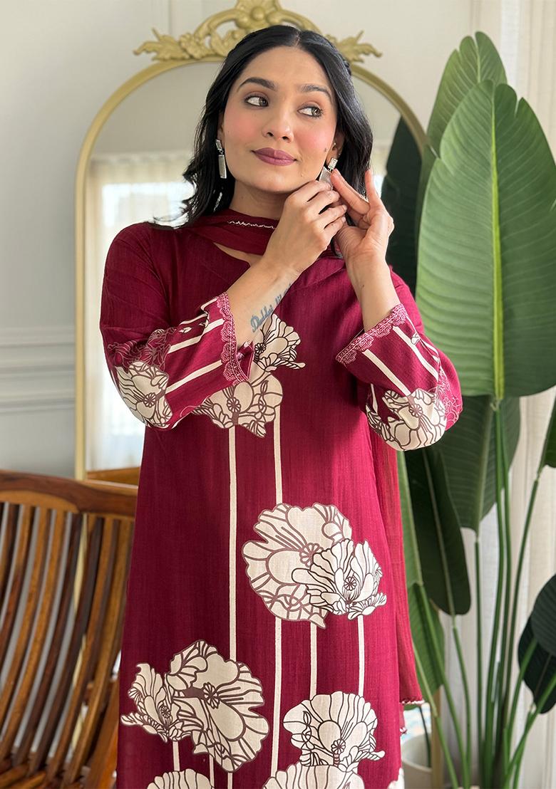 Maroon Printed Viscose Salwar Kameez With Dupatta