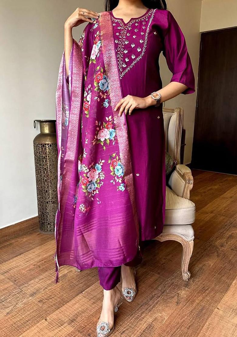 Burgundy Thread Work Rayon Salwar Kameez With Dupatta