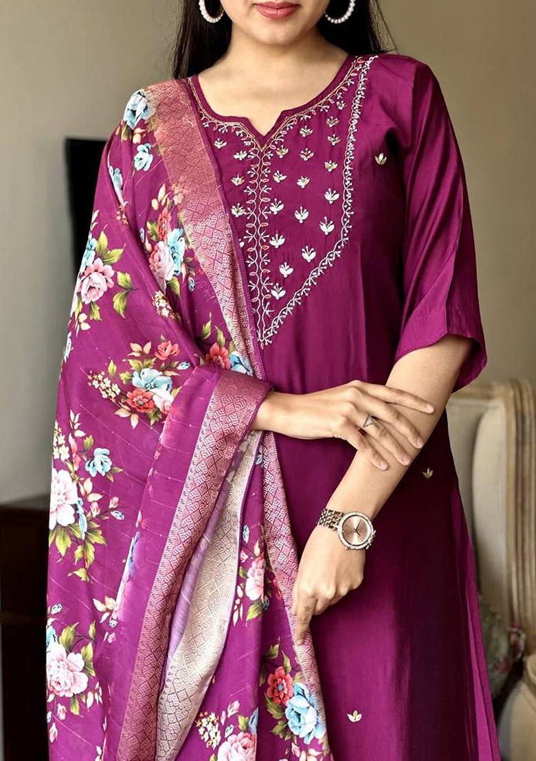 Burgundy Thread Work Rayon Salwar Kameez With Dupatta