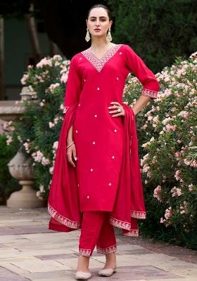 Red Thread Work Rayon Salwar Kameez With Dupatta