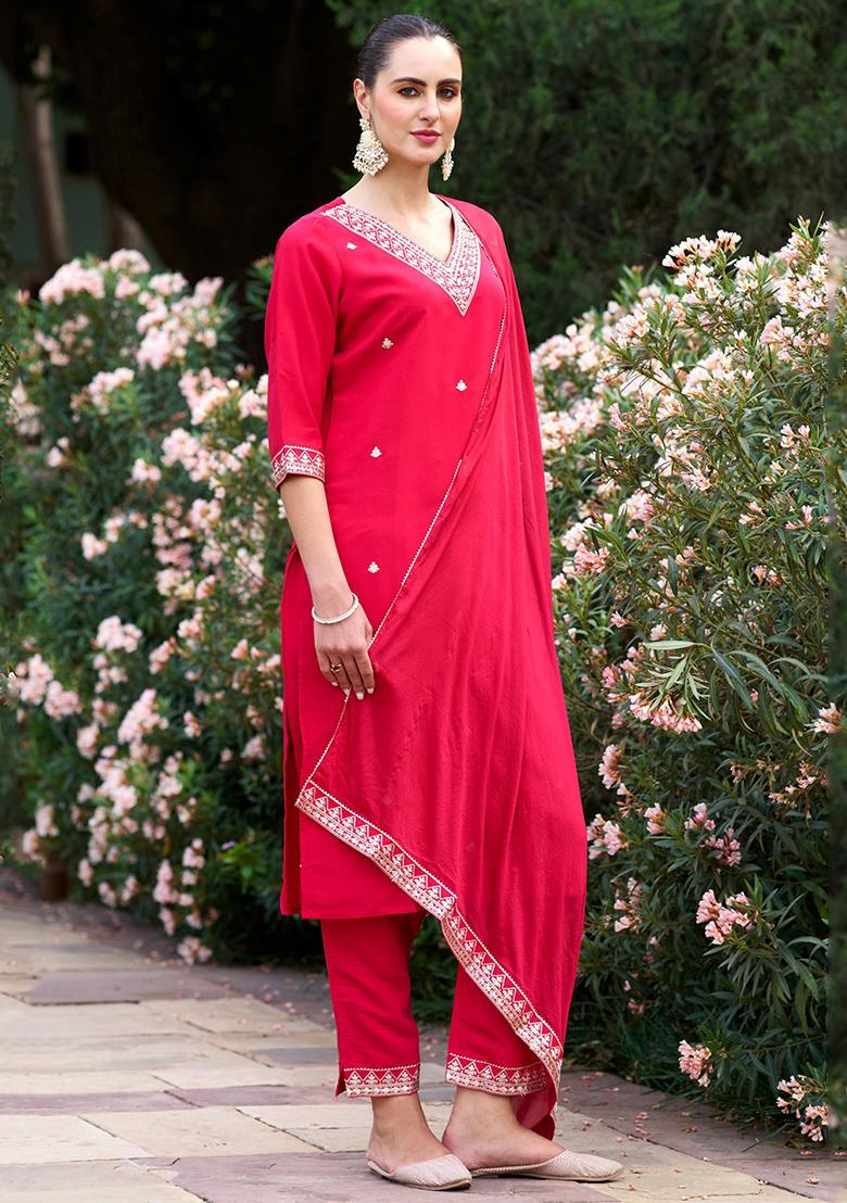 Red Thread Work Rayon Salwar Kameez With Dupatta
