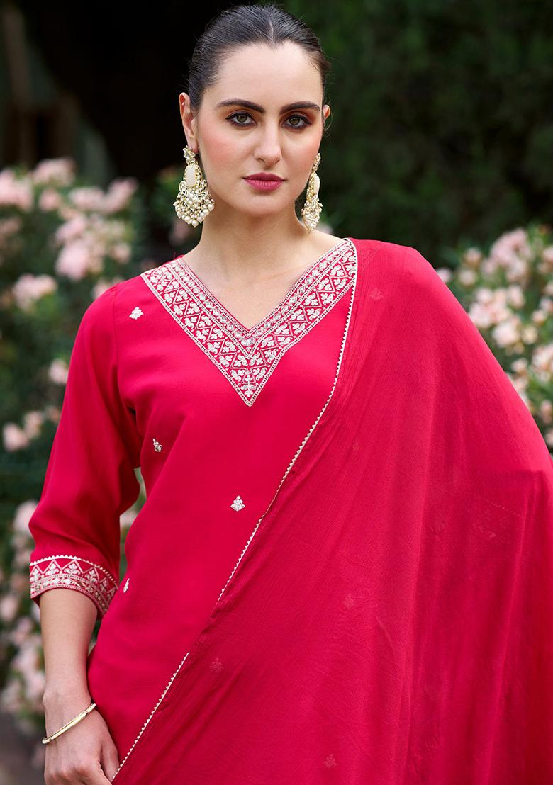 Red Thread Work Rayon Salwar Kameez With Dupatta