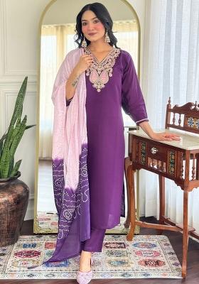 Purple Thread Work Chanderi Salwar Kameez With Dupatta