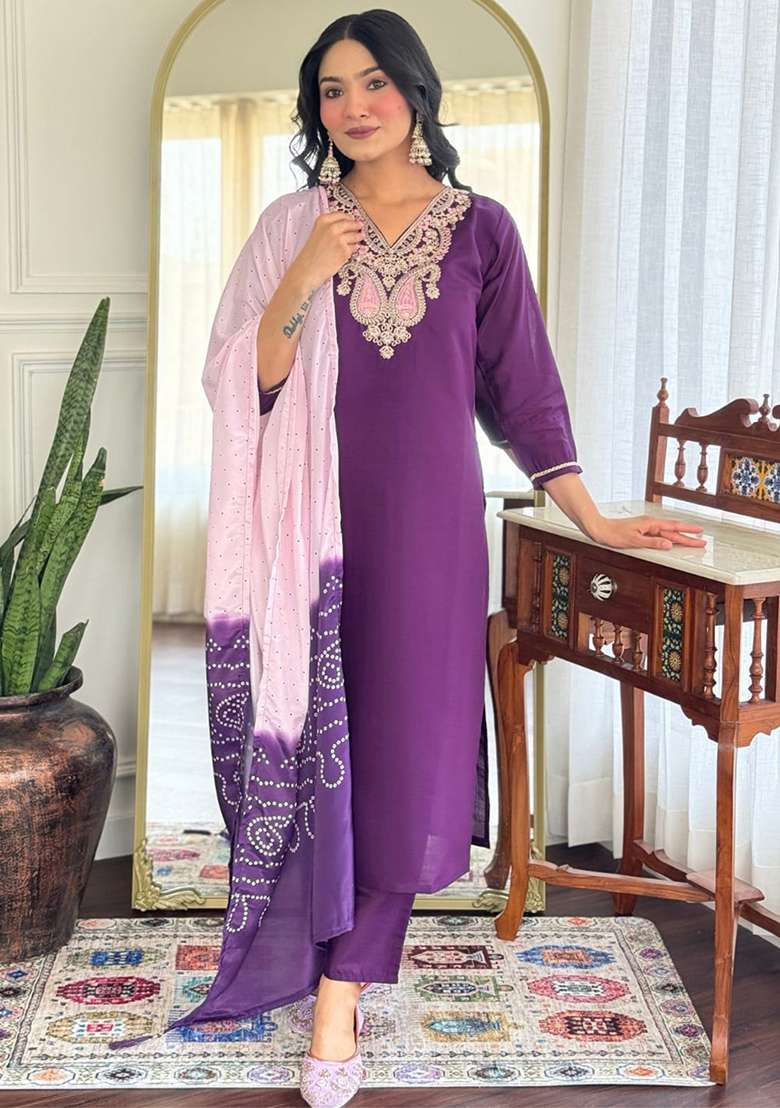 Purple Thread Work Chanderi Salwar Kameez With Dupatta - Indya