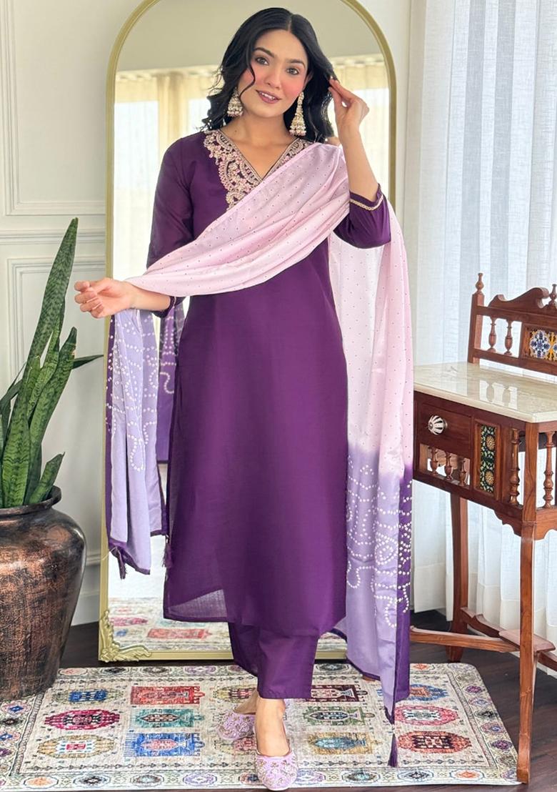 Purple Thread Work Chanderi Salwar Kameez With Dupatta