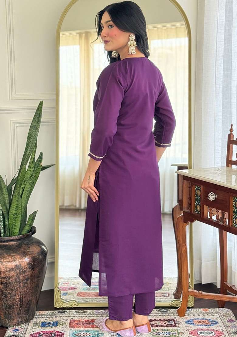 Purple Thread Work Chanderi Salwar Kameez With Dupatta - Indya