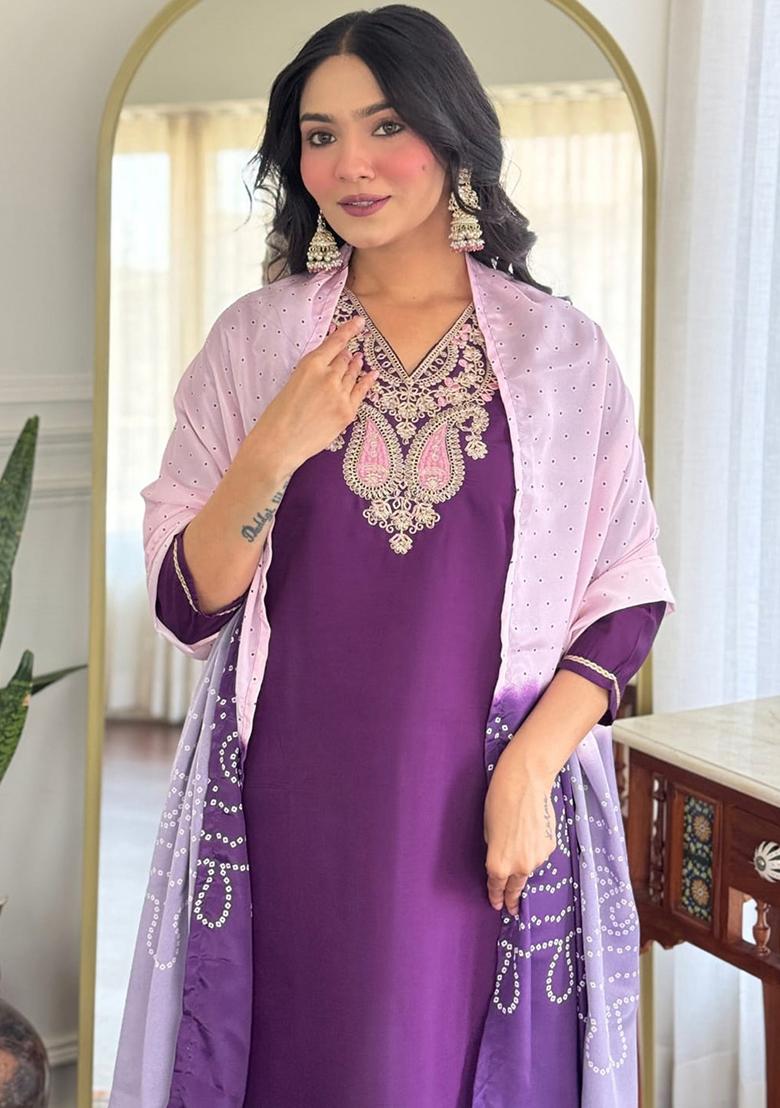 Purple Thread Work Chanderi Salwar Kameez With Dupatta