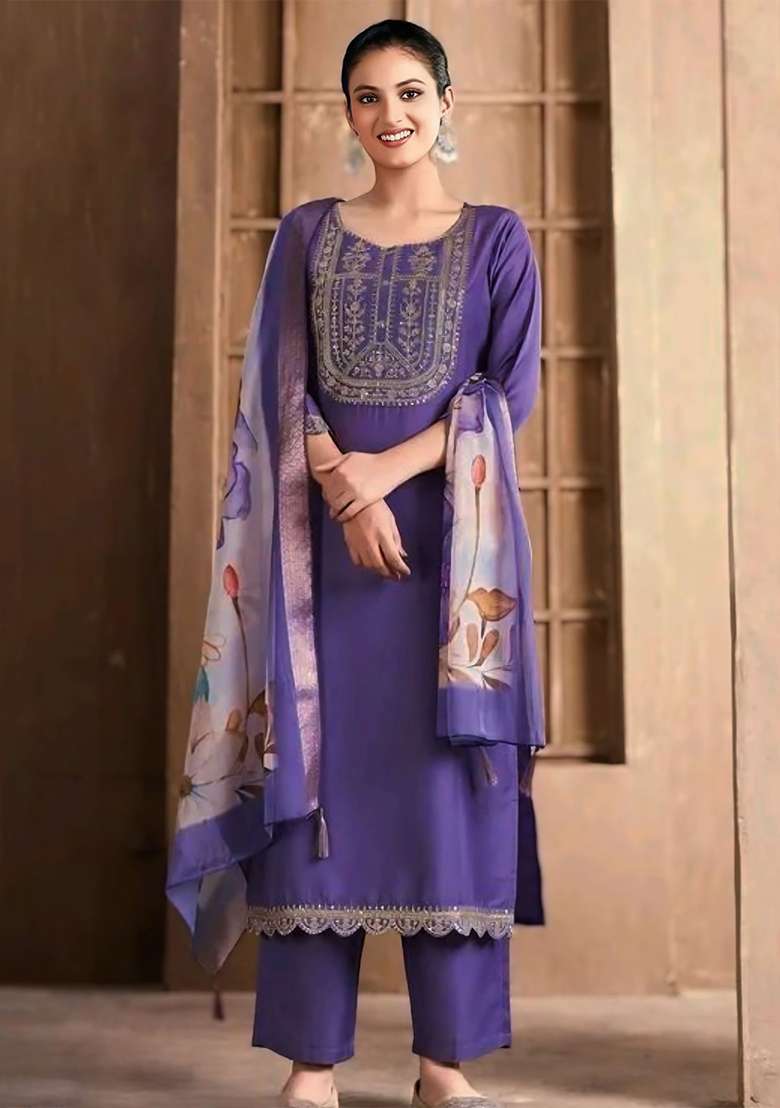 Lavender Embroidered Rayon Straight Kurta Set - Indya