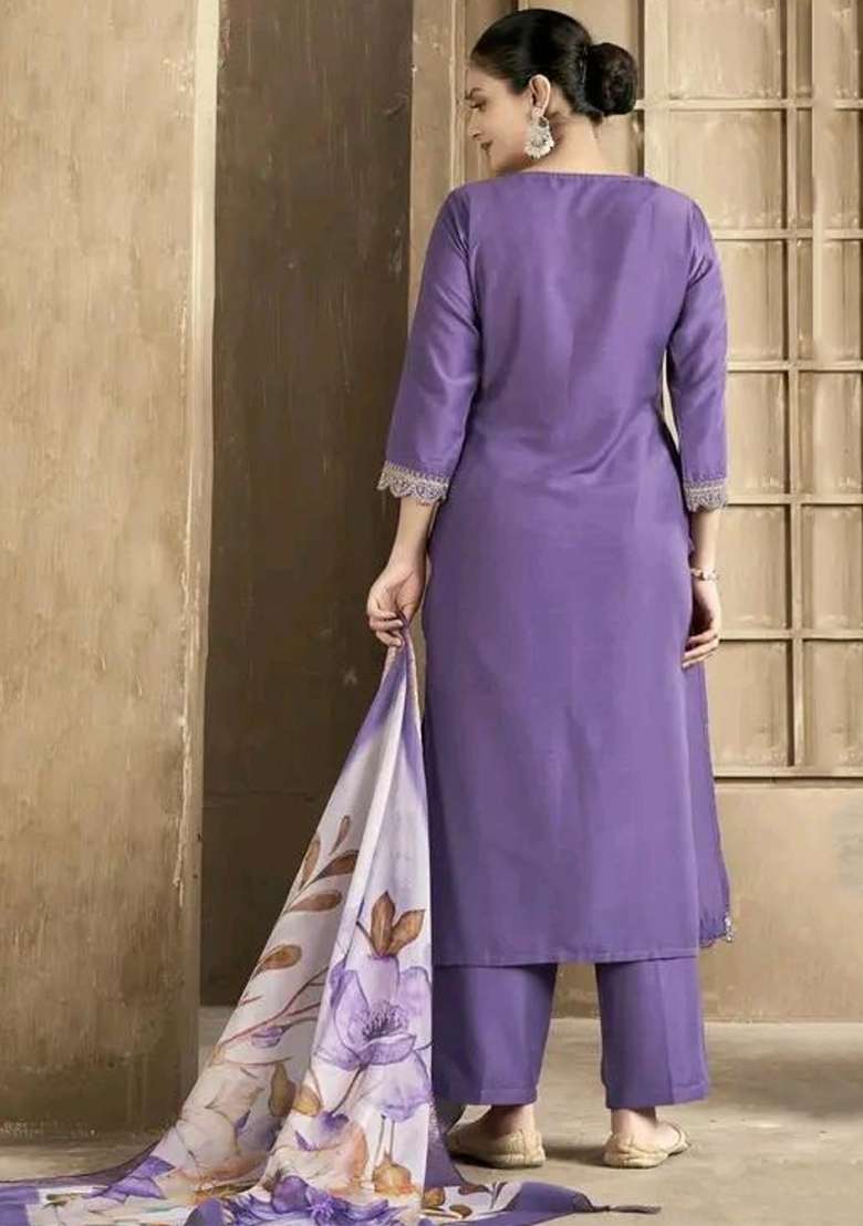 Lavender Embroidered Rayon Straight Kurta Set - Indya