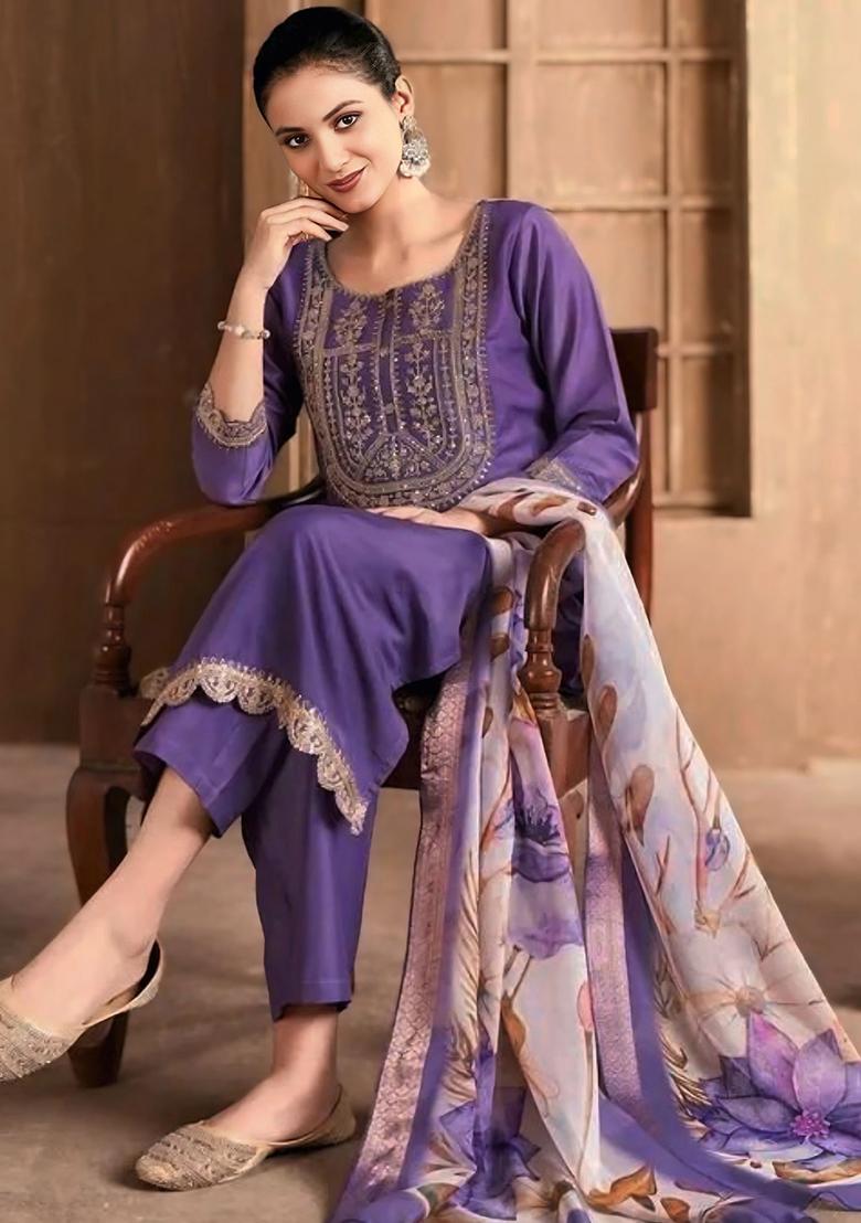 Lavender Thread Work Rayon Salwar Kameez With Dupatta