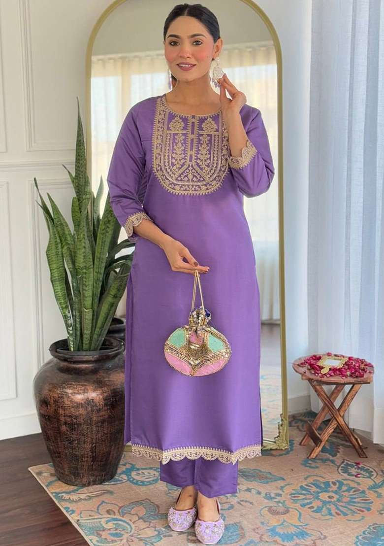 Lavender Embroidered Rayon Straight Kurta Set - Indya