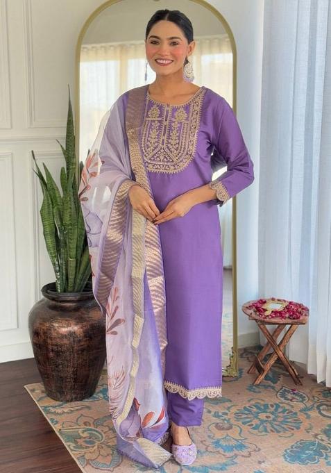 Lavender Thread Work Rayon Salwar Kameez With Dupatta