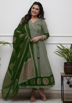 Green Thread Work Cotton Salwar Kameez With Dupatta