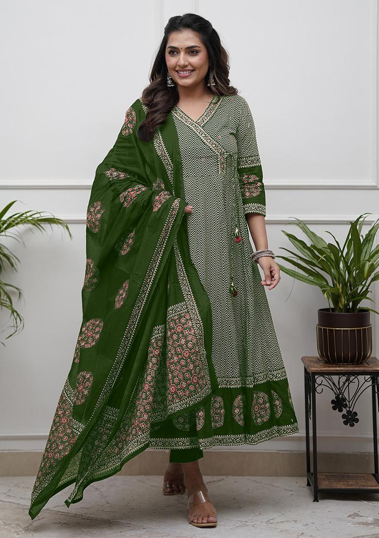 Green Thread Work Cotton Salwar Kameez With Dupatta