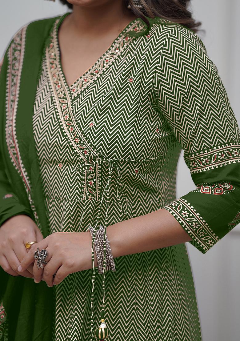 Green Thread Work Cotton Salwar Kameez With Dupatta