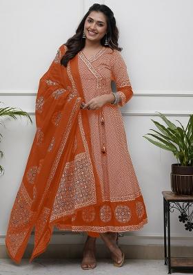 Orange Thread Work Cotton Salwar Kameez With Dupatta