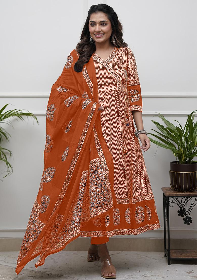 Orange Thread Work Cotton Salwar Kameez With Dupatta
