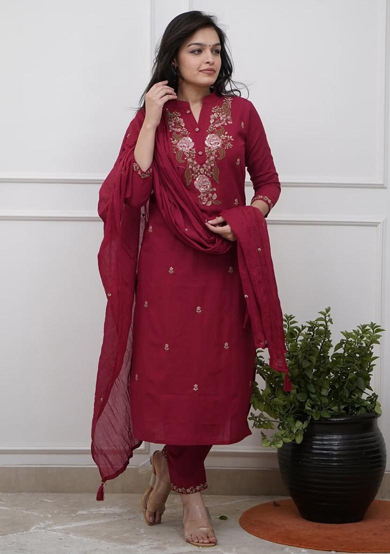 Maroon Thread Work Rayon Salwar Kameez With Dupatta