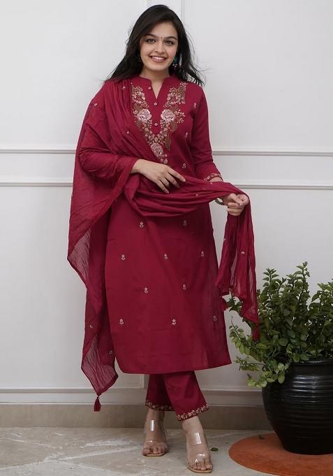 Maroon Thread Work Rayon Salwar Kameez With Dupatta