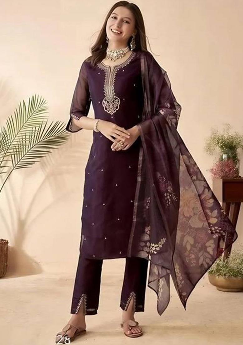Wine Thread Work Chanderi Salwar Kameez With Dupatta