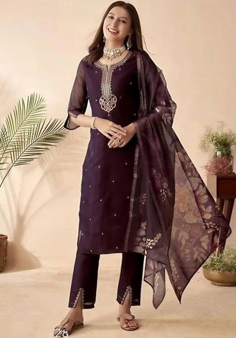 Wine Thread Work Chanderi Salwar Kameez With Dupatta