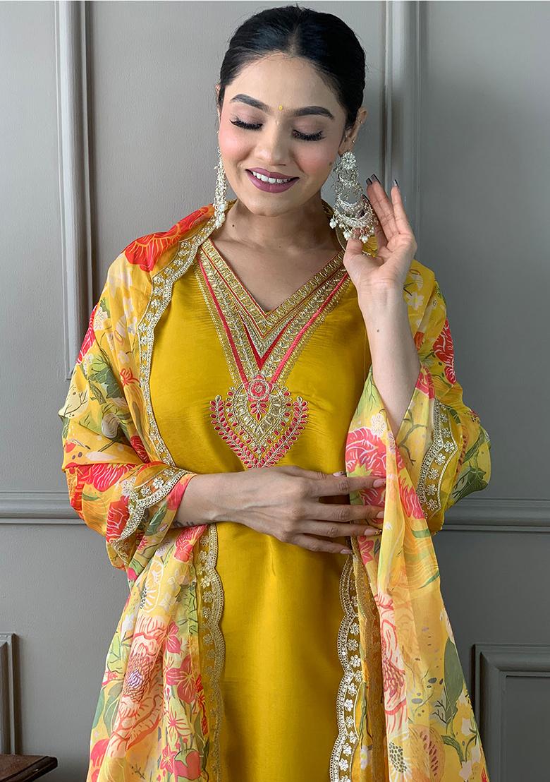 Mustard Yellow Thread Work Chanderi Salwar Kameez With Dupatta