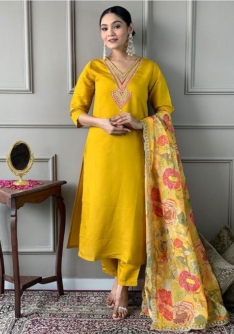 Mustard Yellow Thread Work Chanderi Salwar Kameez With Dupatta