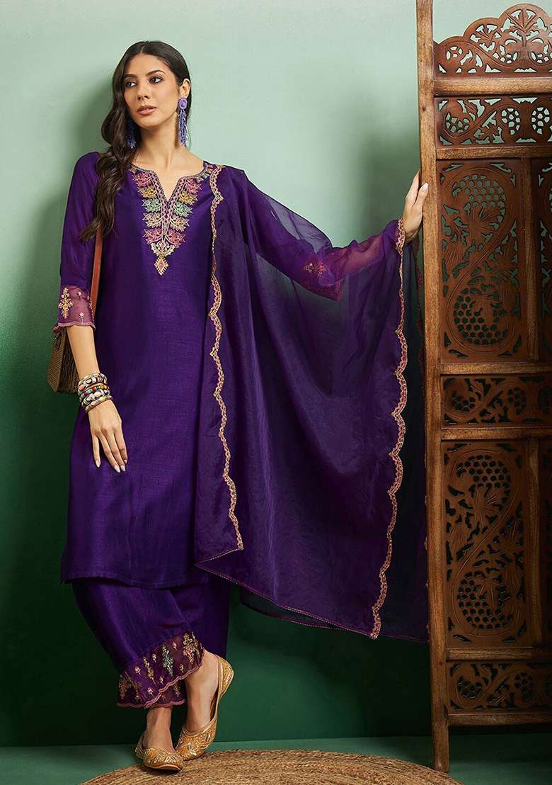 Purple Thread Work Silk  Salwar Kameez With Dupatta - Indya