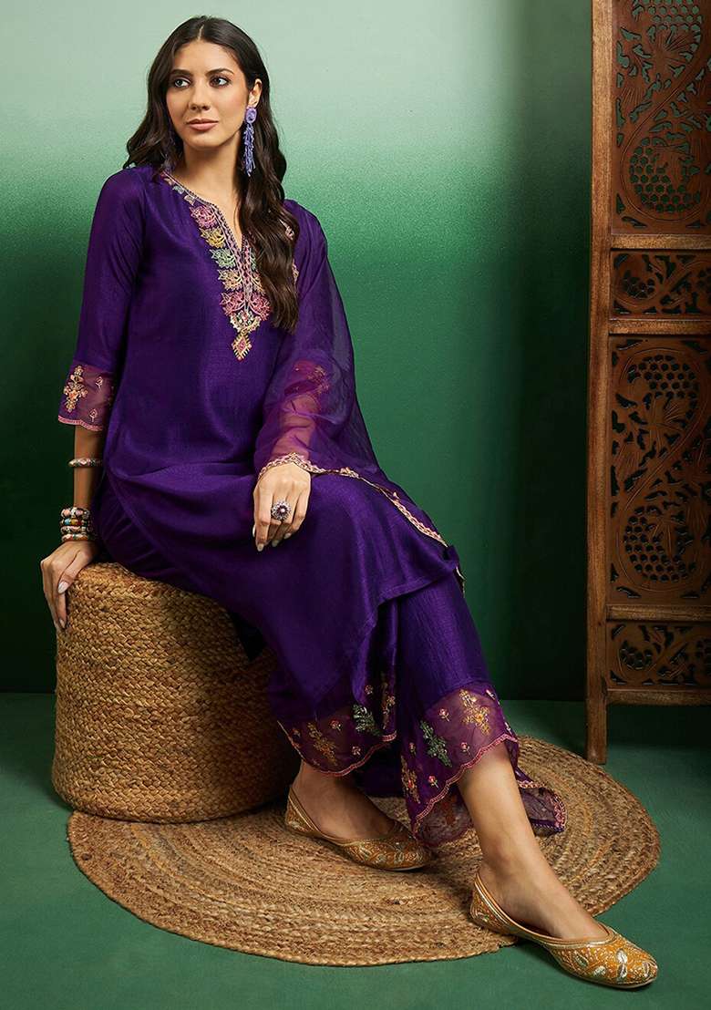 Purple Thread Work Silk  Salwar Kameez With Dupatta - Indya